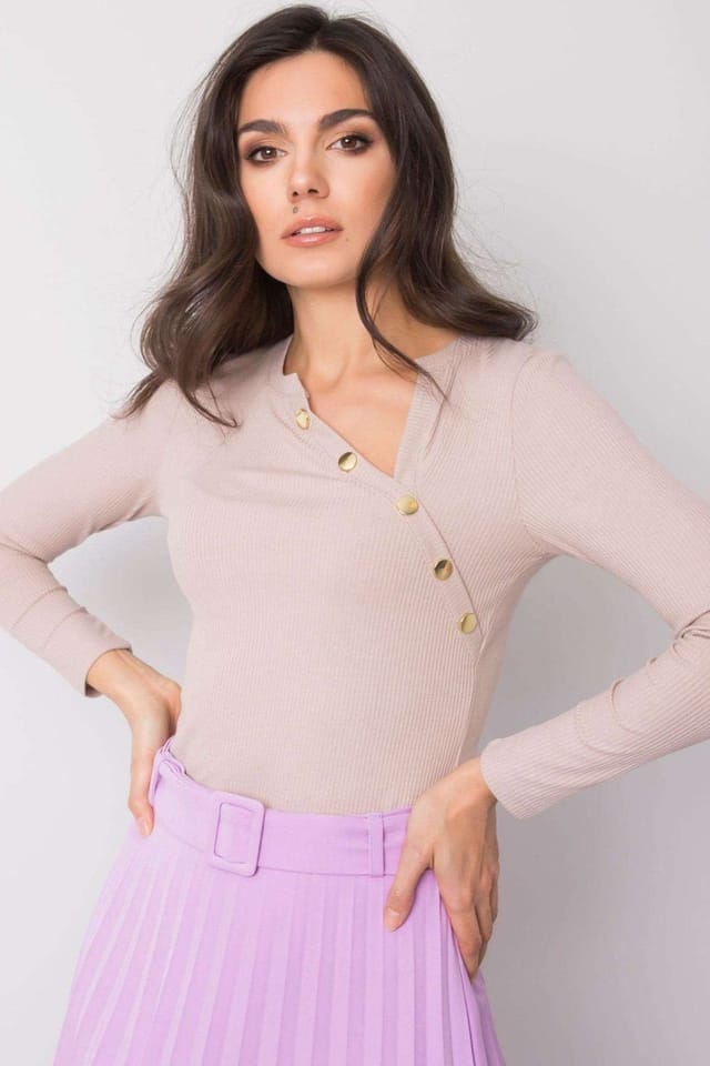 Love Lace Love Lace Women's Asymmetrical Neck Long Sleeve Blouse in Beige - 2