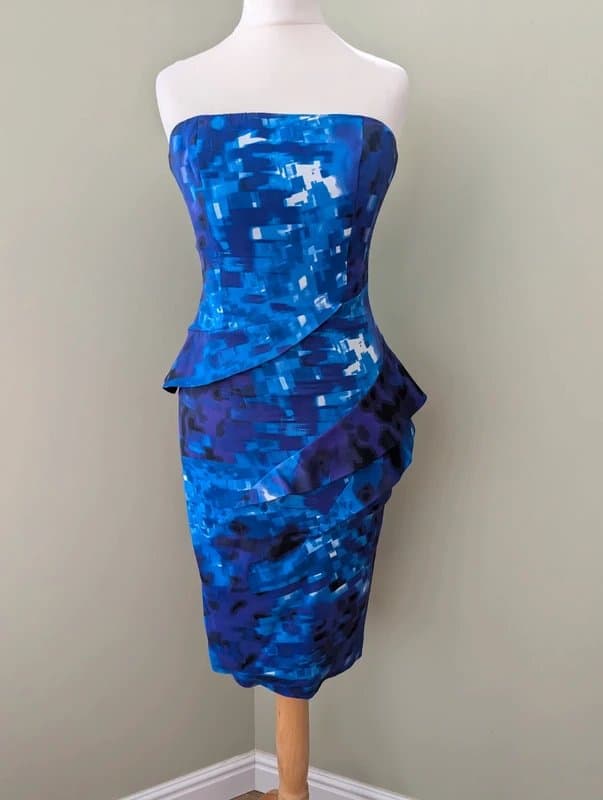 Karen Millen Karen Millen Blue Black White Fitted Pencil Dress Strapless UK Size 6