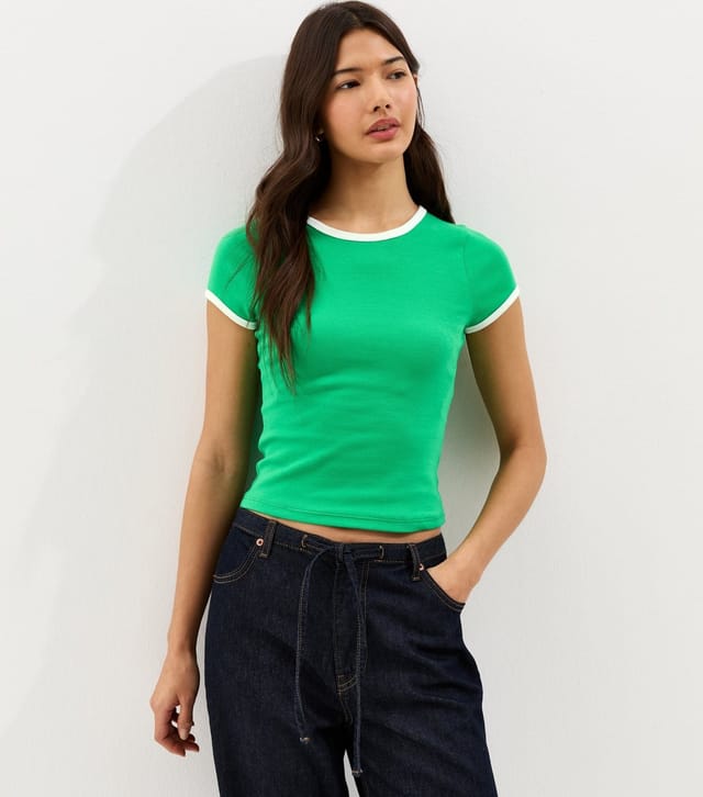 New Look Women's Bright Green Contrast Trim Baby Tee T-Shirt New Look - 2