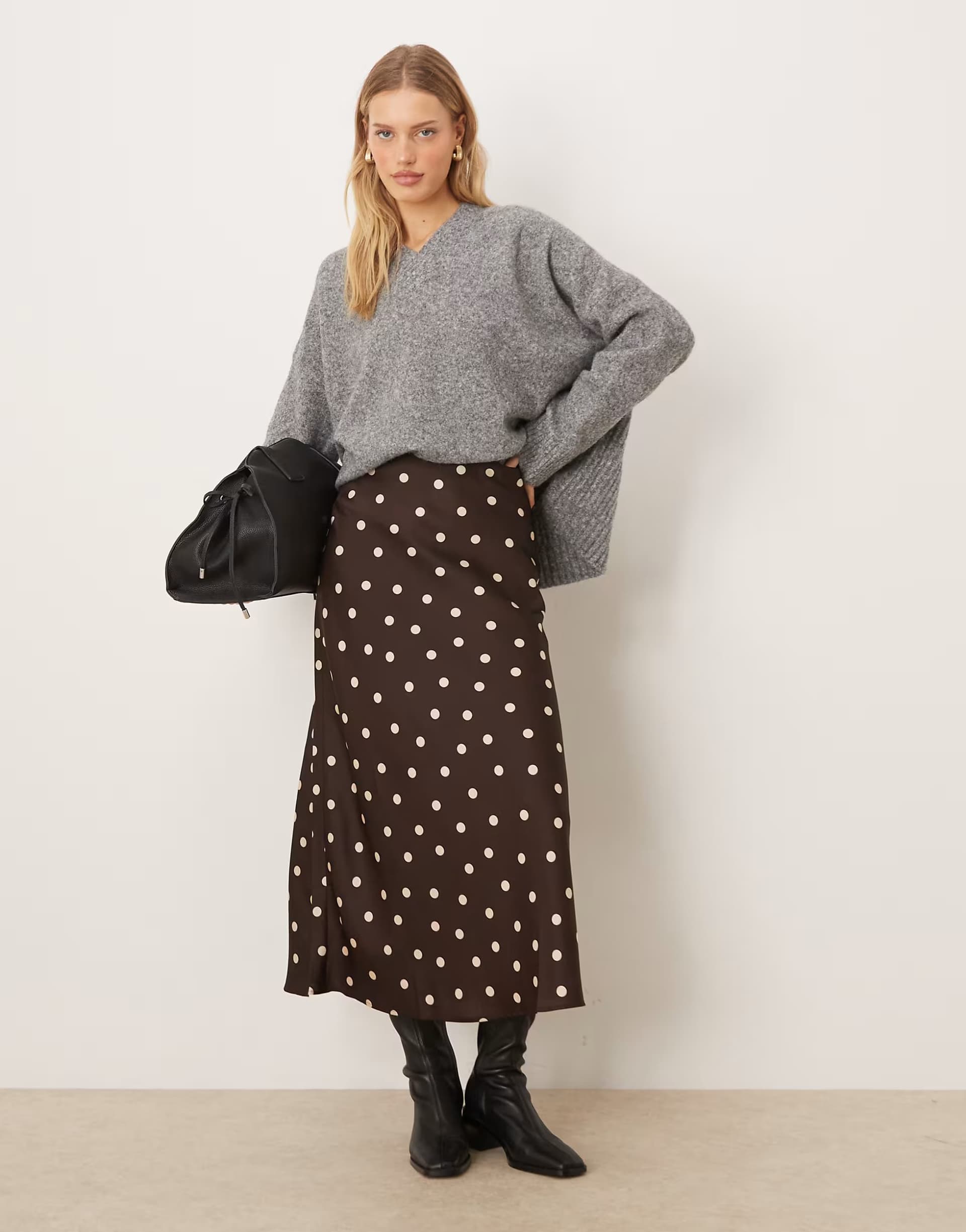 ASOS Vila satin maxi skirt in brown and cream polka dot print