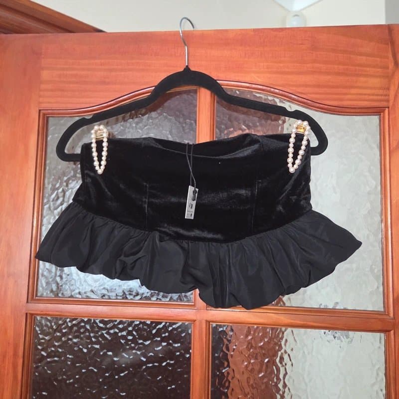 Bershka Velvet + Poplin Bandeau Style Puffball Hem Cropped Top