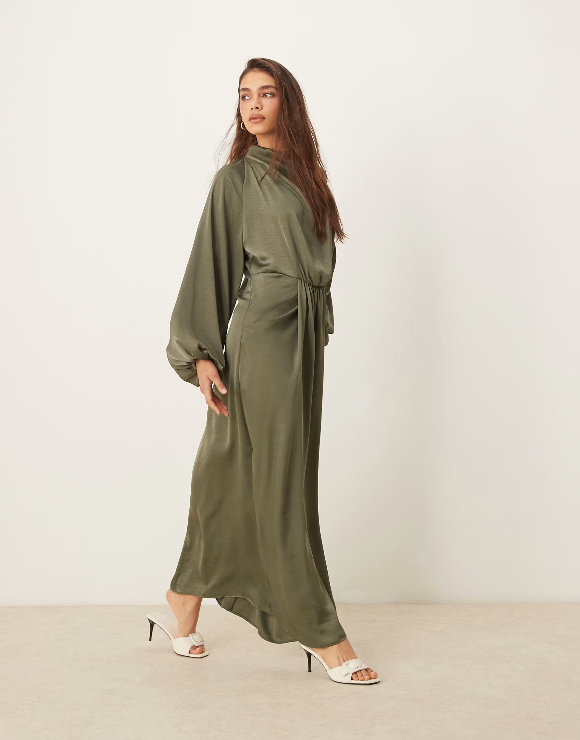 ASOS ASOS DESIGN draped blouson sleeve satin maxi dress in olive - 1