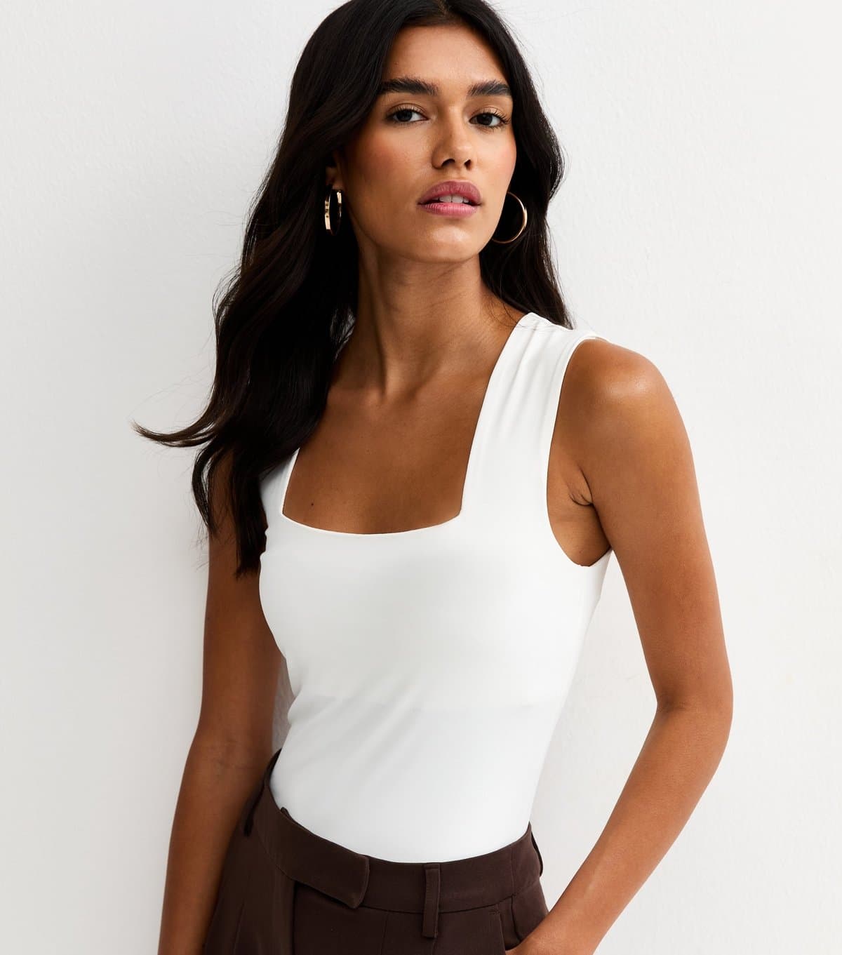 New Look Women's White Slinky Square Neck Sleeveless Bodysuit New Look