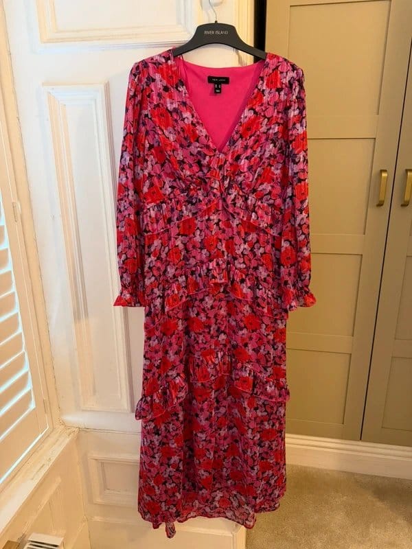 New Look Floral Chiffon Tiered Ruffle Long Sleeve Midi Dress - Size 14