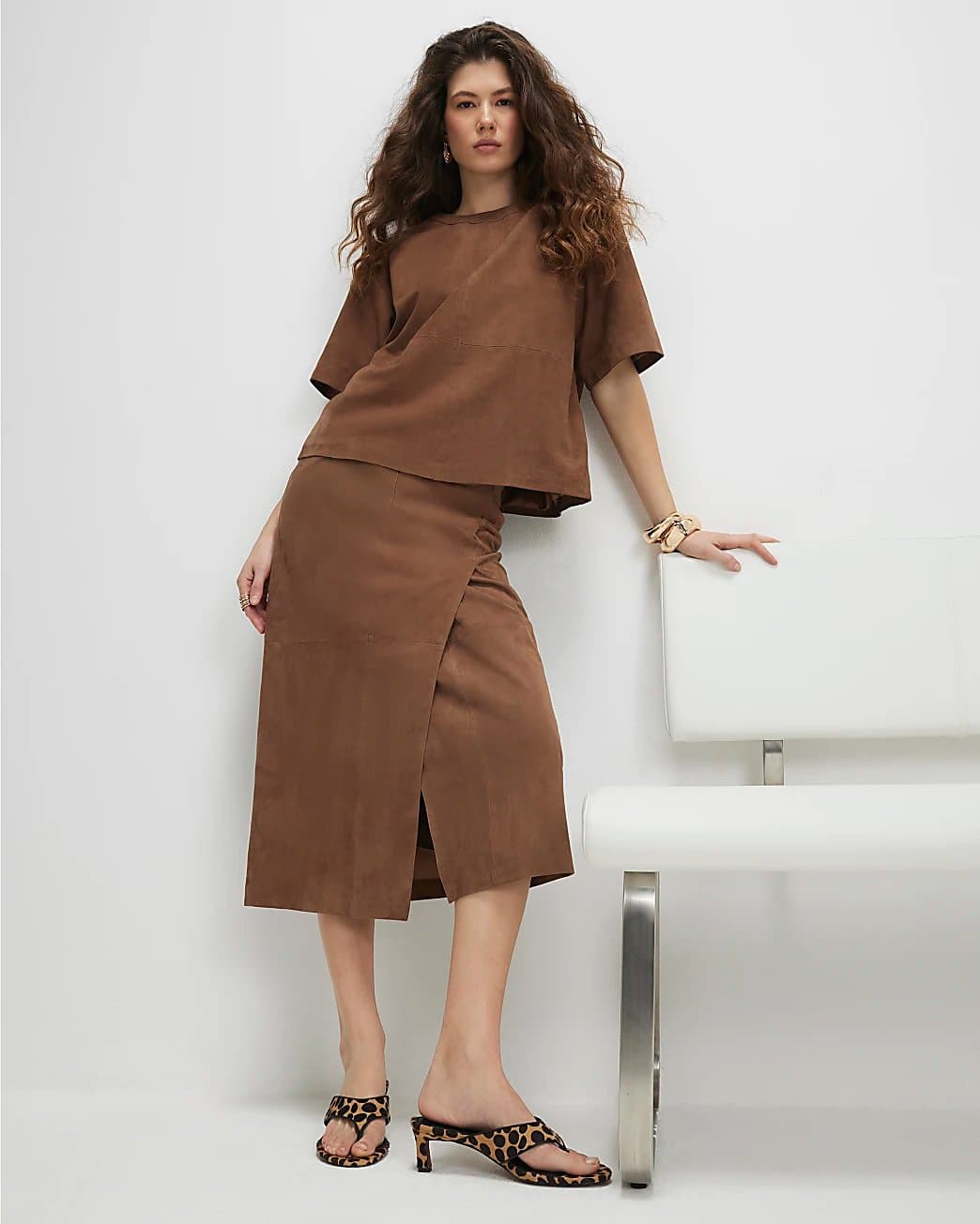 River Island River Island Womens Brown Suede Midi Wrap Skirt