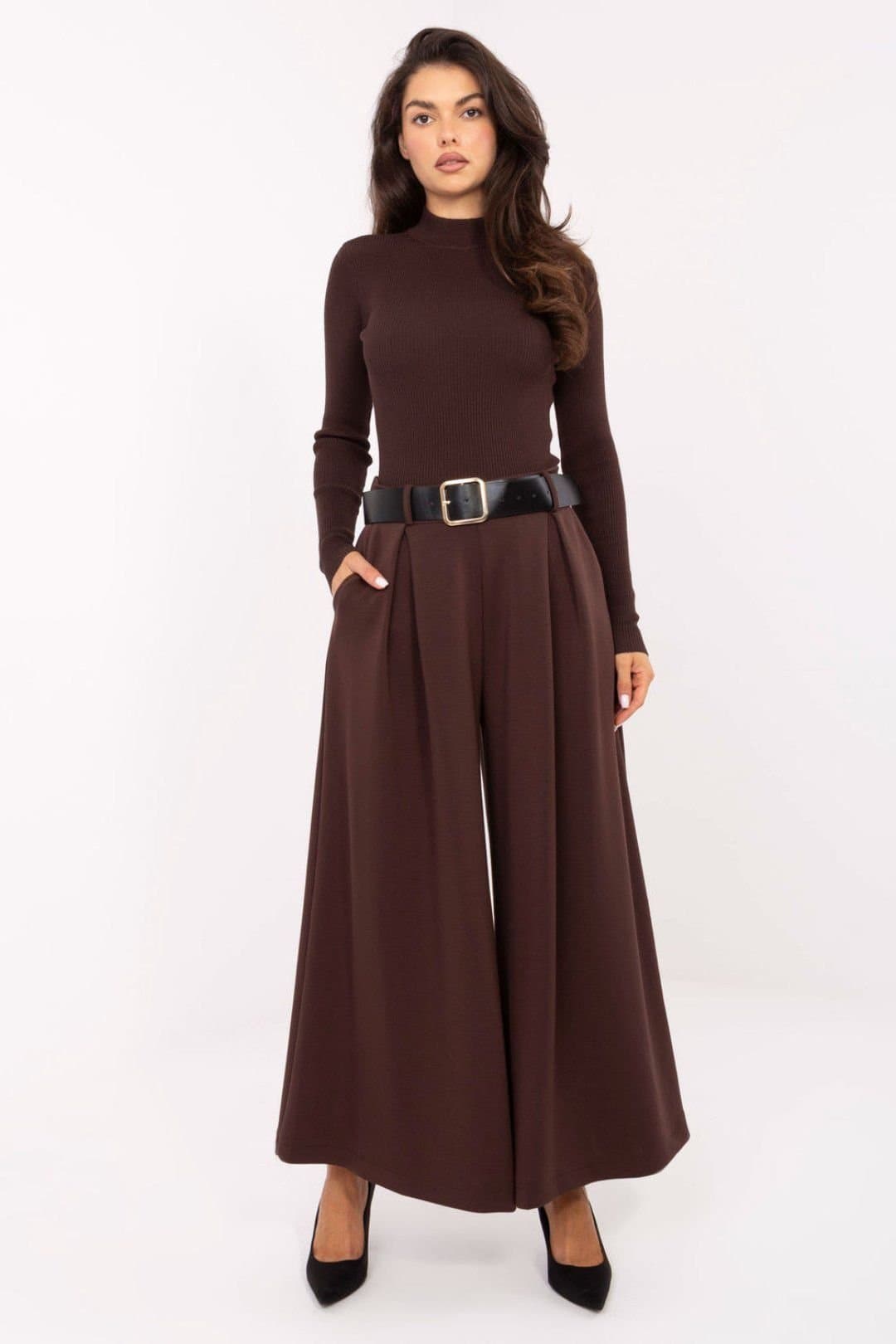 Love Lace Love Lace Women's Elegant High Waist Pleated Palazzo Trousers Style 220027 in Brown