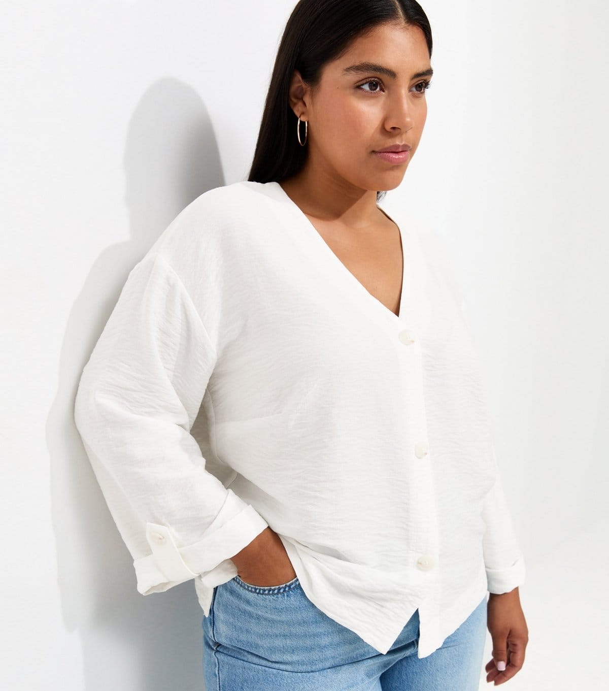 New Look Women's Plus Size Cream Crinkle Texture Cropped Sleeve Shirt Curves New Look - 1