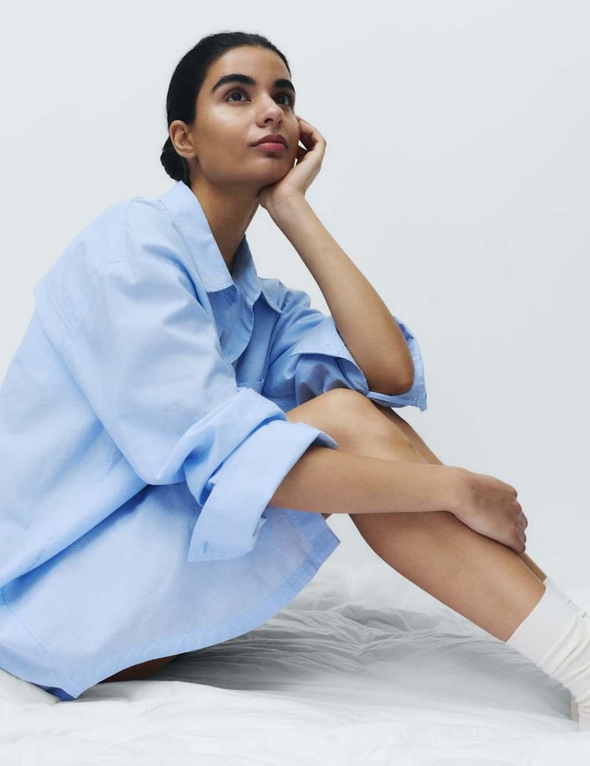 Marks & Spencer M&S Pure Cotton Chambray Collared Nightshirt Blue - 1