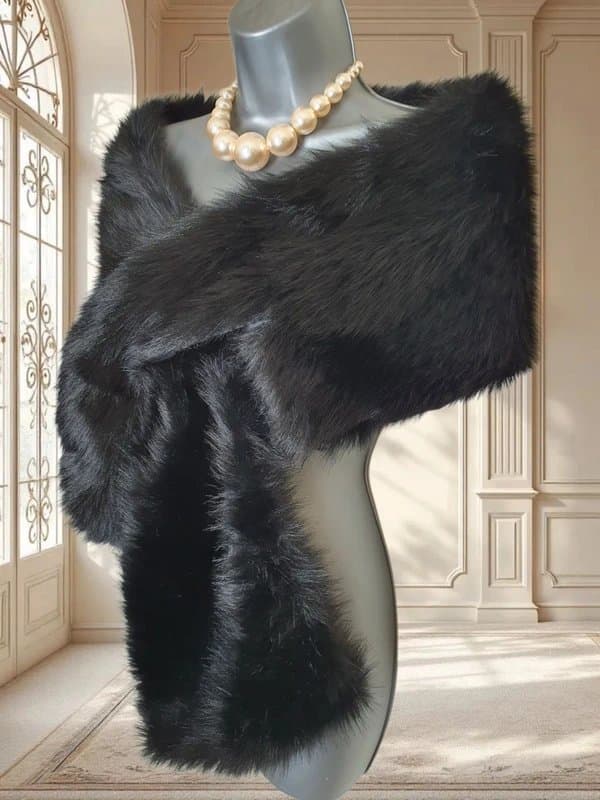 unbranded Jet black faux fur stole wrap shawl cape lightweight adjustable