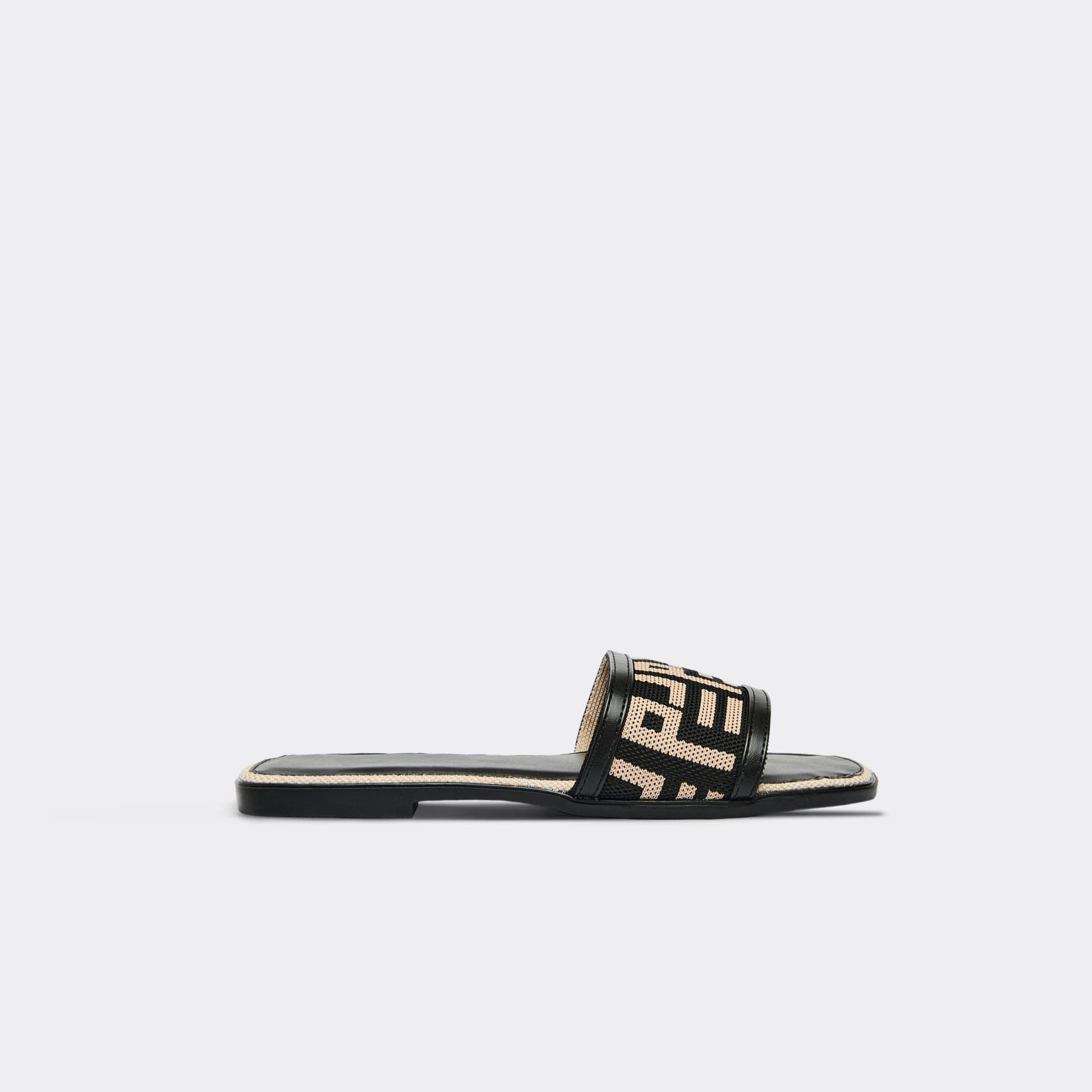 EGO Snack Printed Woven Detail Flat Slider Sandal In Black Faux Leather, Women's Size UK 3