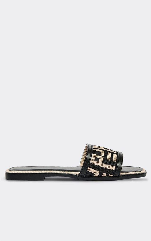EGO Snack Printed Woven Detail Flat Slider Sandal In Black Faux Leather, Women's Size UK 3 - 2