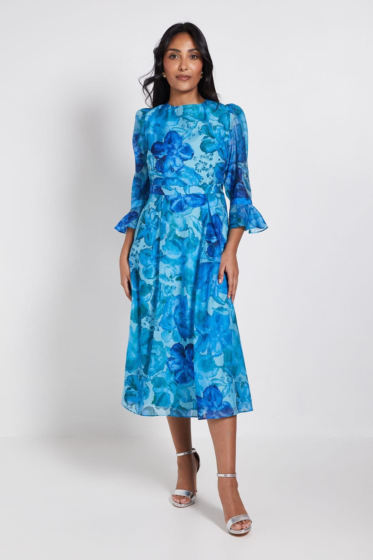Wallis Wallis Women's Petite Floral Organza Flute Sleeve Midi Dress in Turquoise