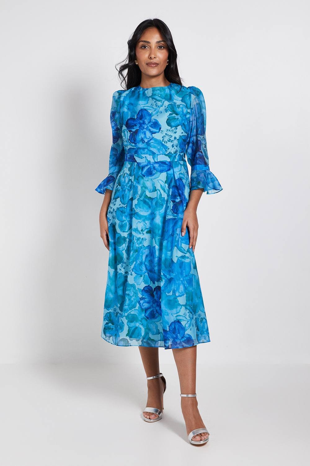 Wallis Wallis Women's Petite Floral Organza Flute Sleeve Midi Dress in Turquoise - 2