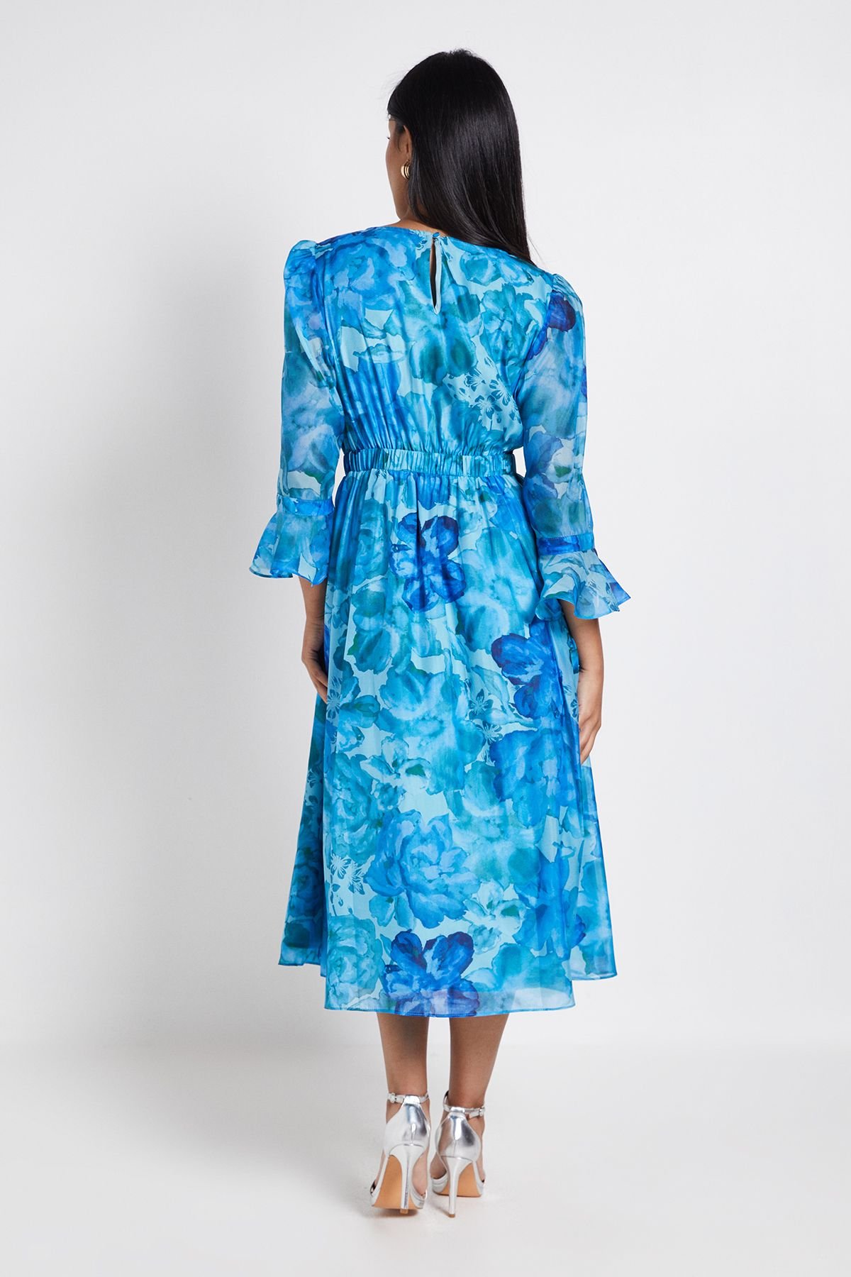 Wallis Wallis Women's Petite Floral Organza Flute Sleeve Midi Dress in Turquoise - 3