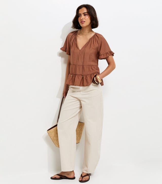 New Look Women's Light Brown Tiered Tie Neck Top New Look - 3