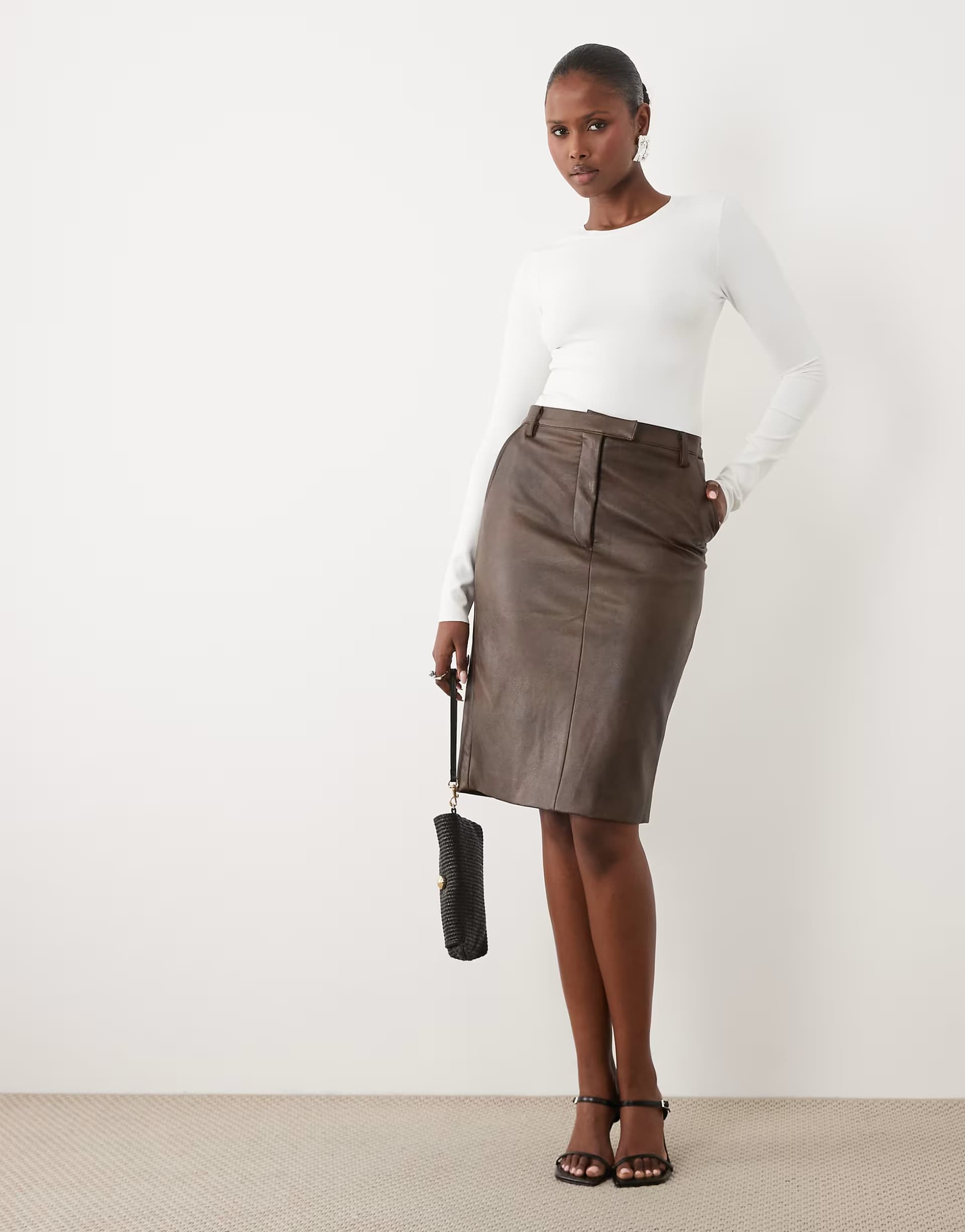 ASOS Bardot Phenix faux leather knee length skirt in chocolate