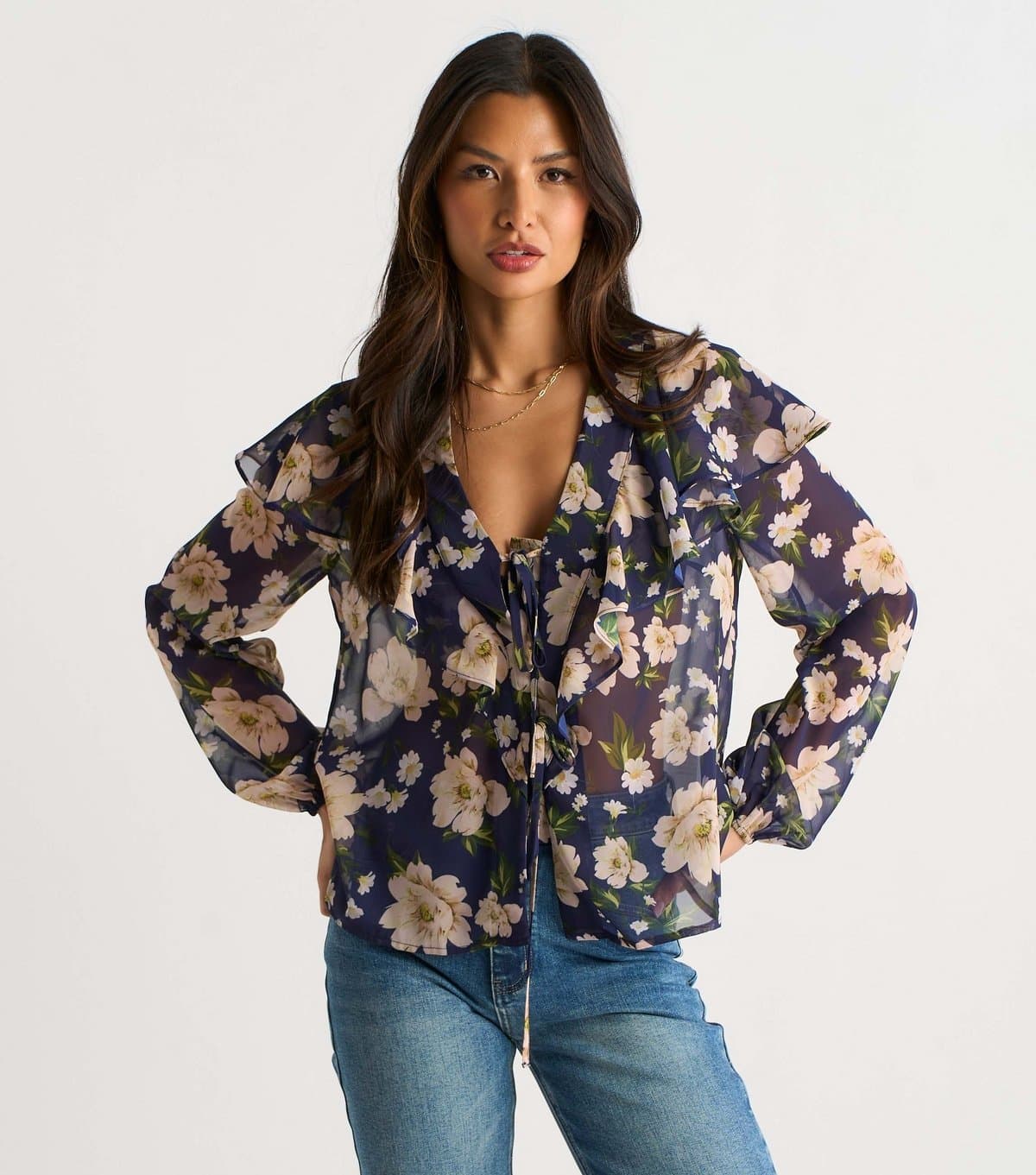 Gini London Women's Navy Floral Ruffle Front Blouse Gini London New Look
