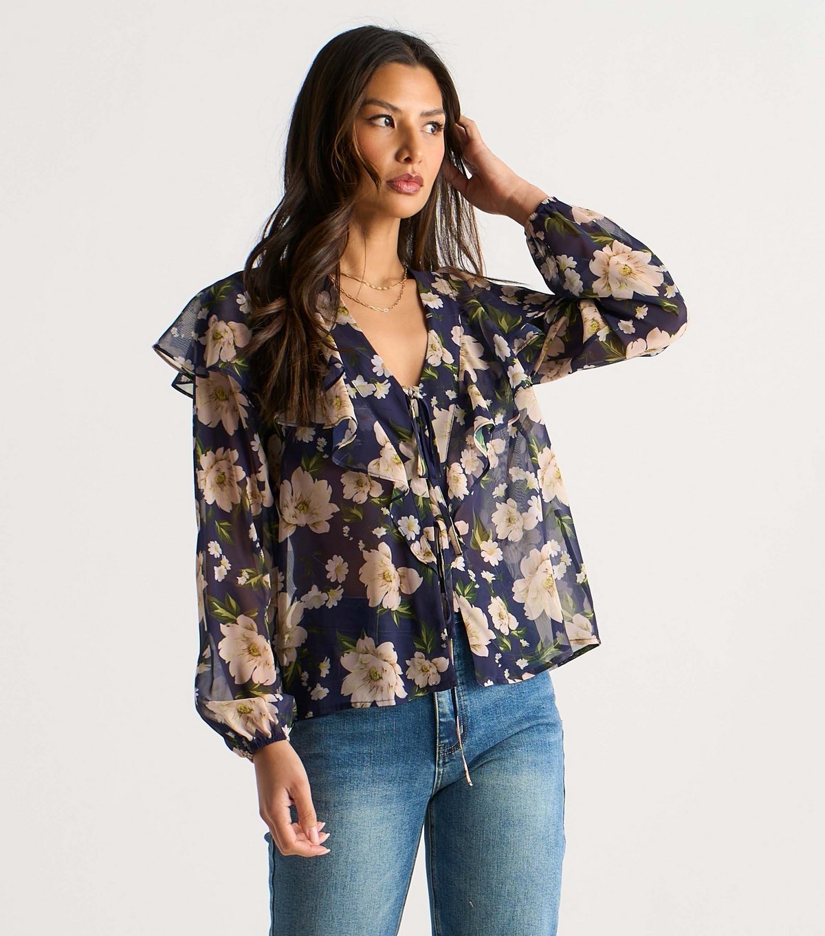 Gini London Women's Navy Floral Ruffle Front Blouse Gini London New Look - 3