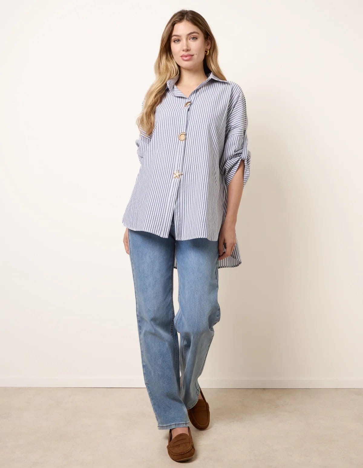 Blue Vanilla Denim Stripe Shell Button Front Long Sleeve Shirt