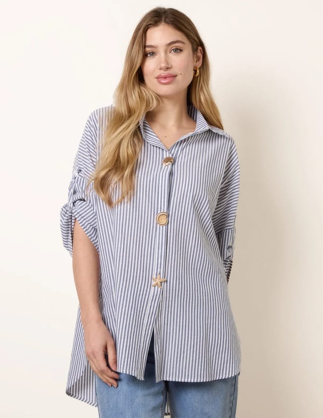 Blue Vanilla Gold Shell Button Front Stripe Shirt - 3