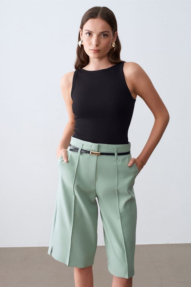 Dilvin Dilvin Women's High-waist Wide-leg Crepe Shorts With Belt in Mint - 3