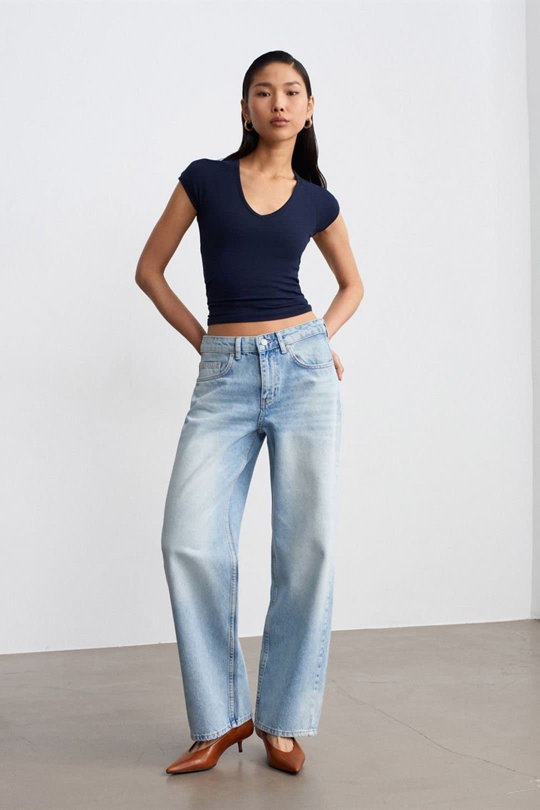 Dilvin Dilvin Women's Low-waist Straight-leg Cotton Denim Jeans in Light Blue