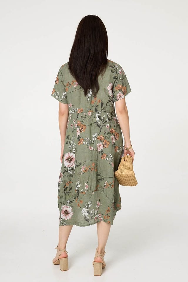 Izabel London Izabel London Women's Floral Short Sleeve Oversized Midi Dress in Khaki - 3