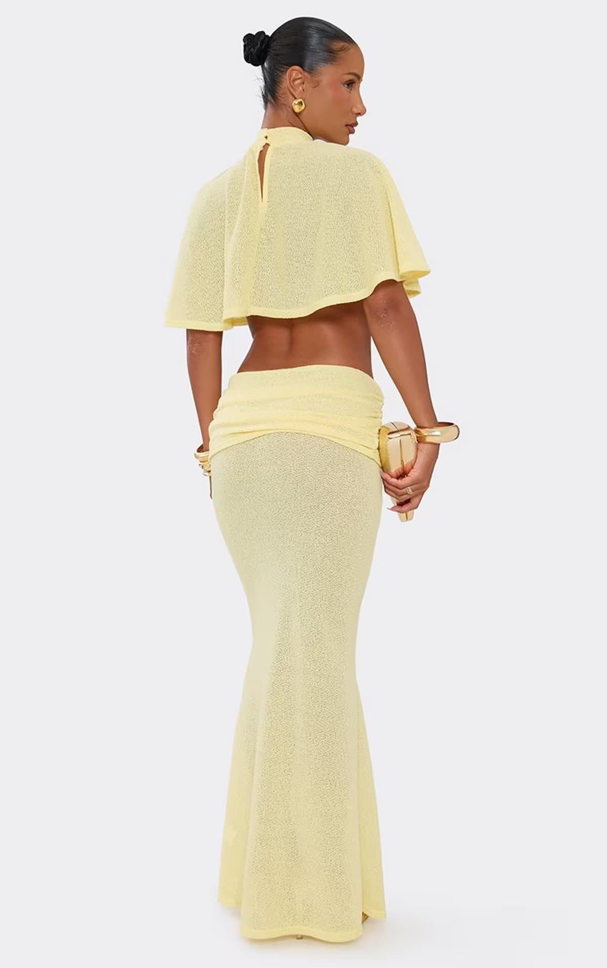 EGO Ruched Fold Over Waist Maxi Beach Skirt In Lemon Knit, Women's Size UK 6