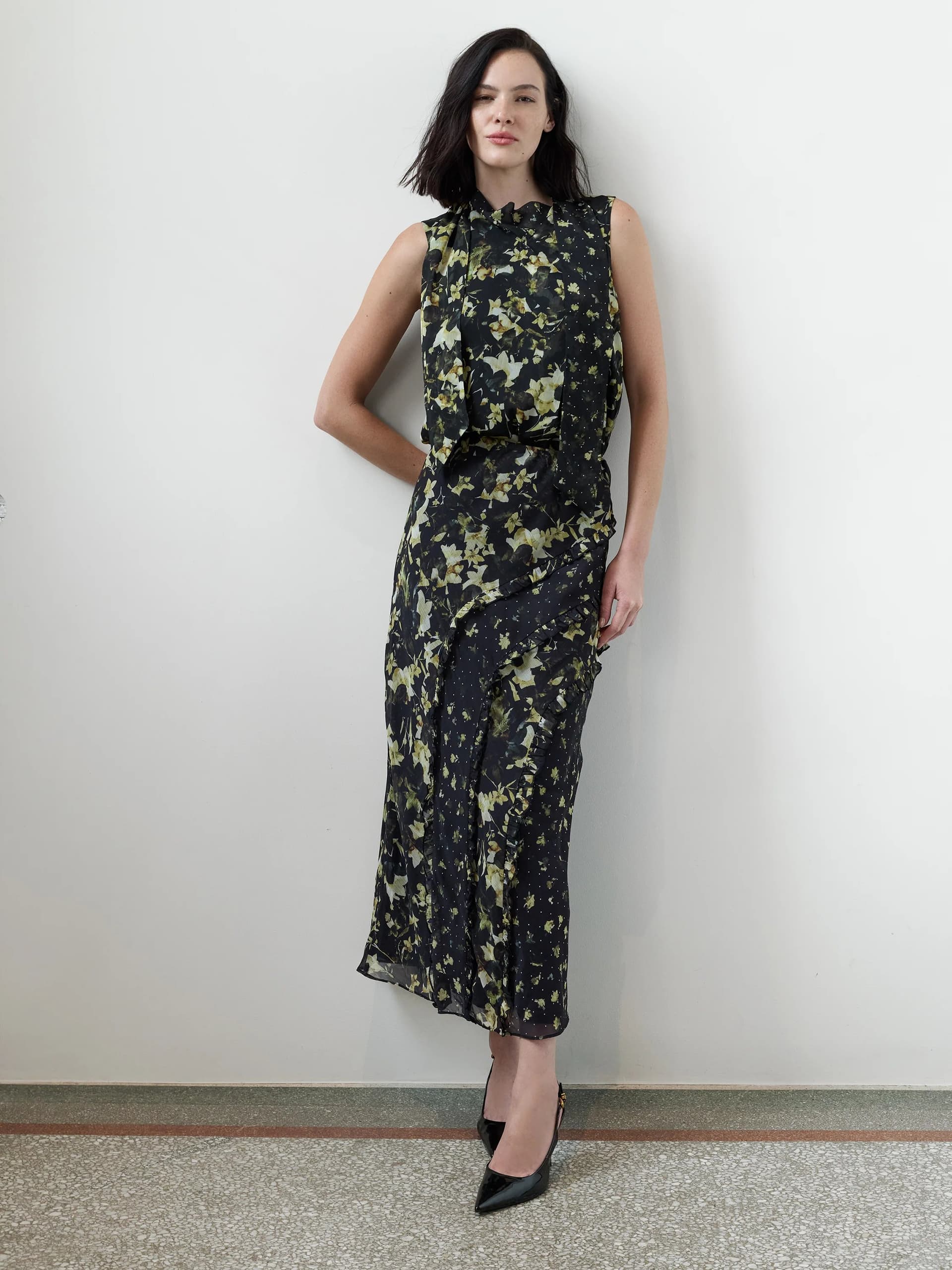 French Connection Serena Black Floral Ruffle Detail Midi Skirt Black Multi