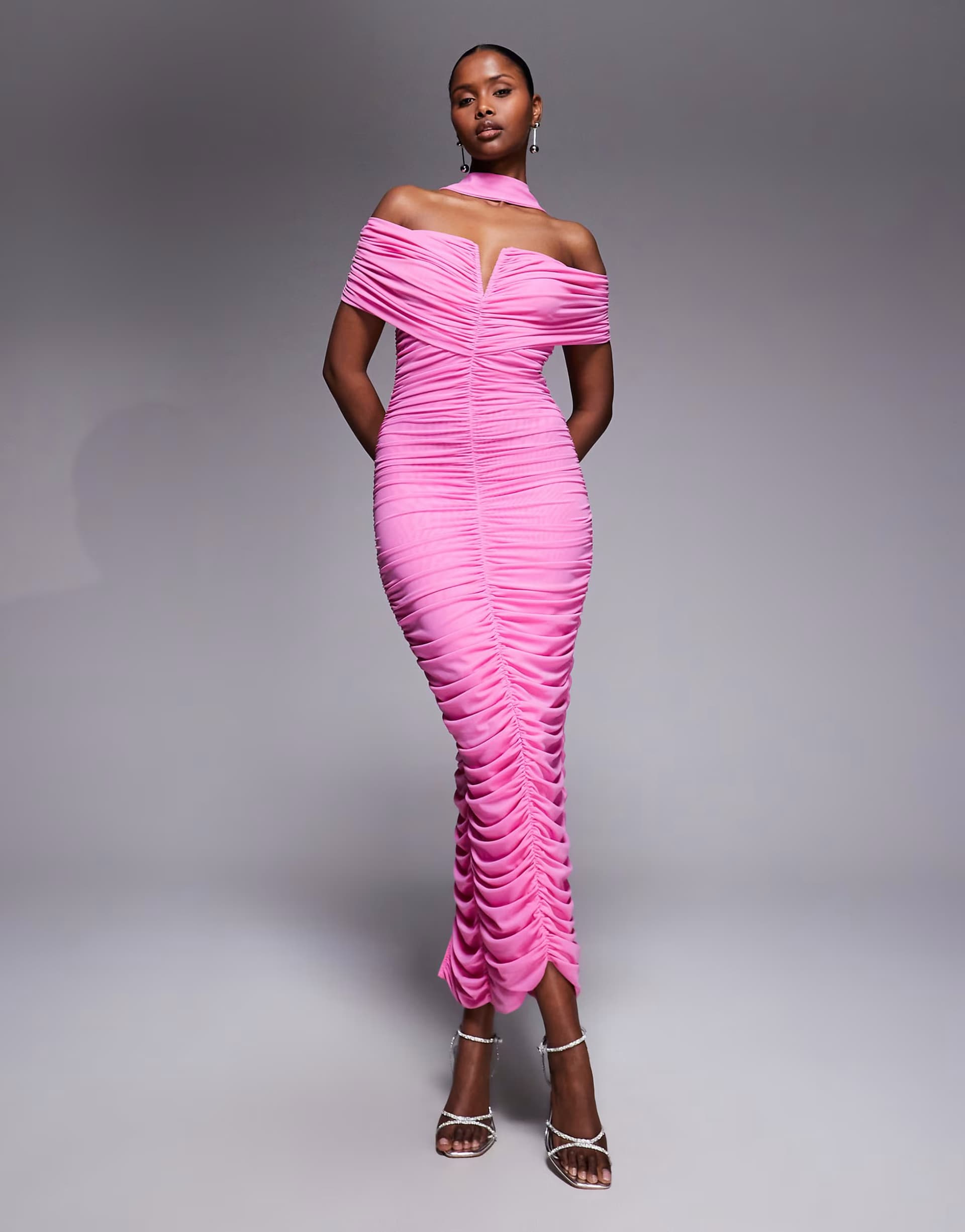 ASOS Ruched & Ready sculpting mesh bardot v front bodycon maxi dress in pink