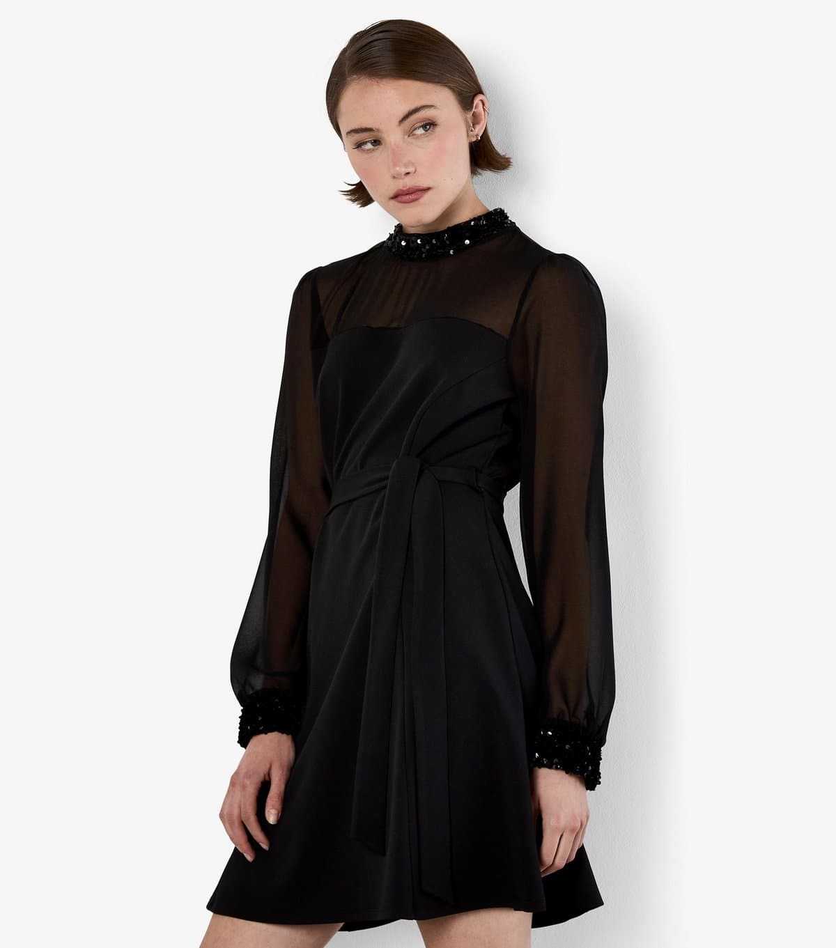 Apricot Women's Black Sequin Trim Belted Mini Dress Apricot New Look