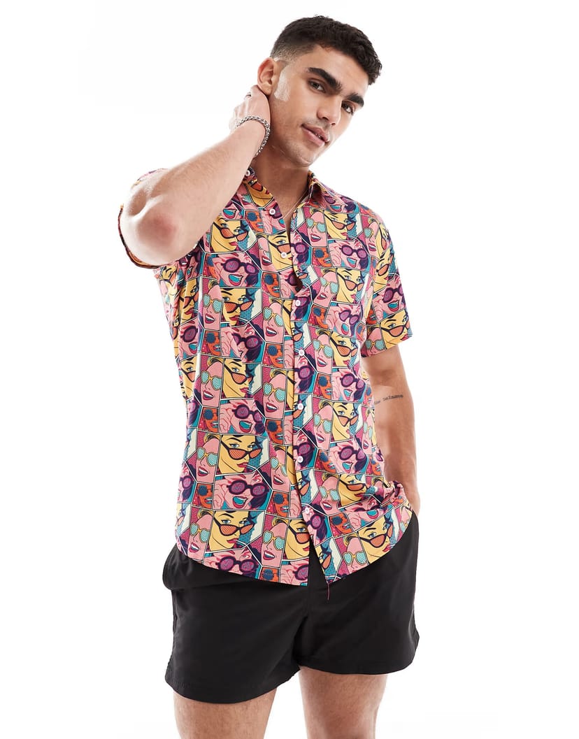 ASOS OOSC Comic book candy men's short sleeve shirt in black - 1