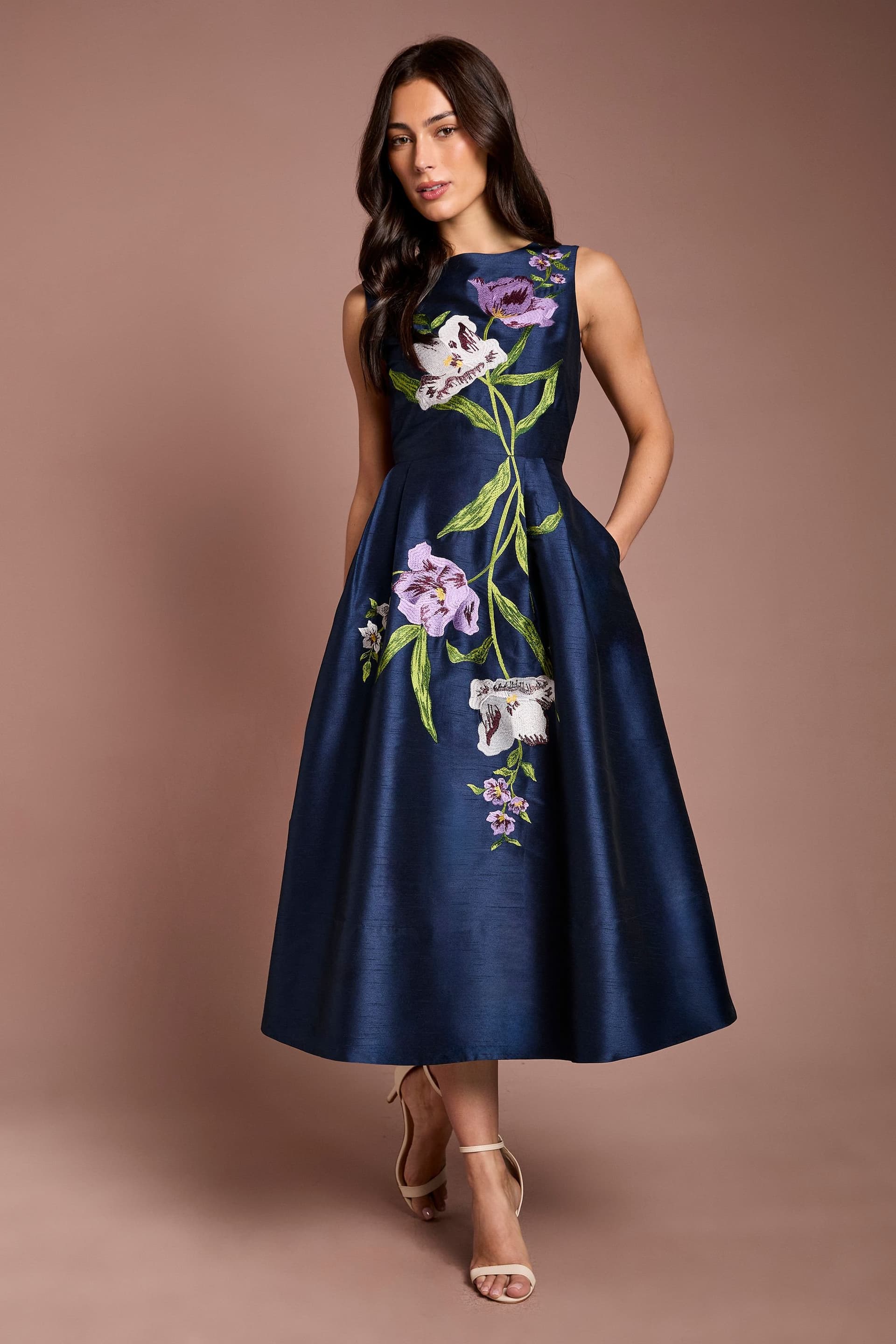 Coast Coast Women's Floral Embroidered Placement Fit & Flare Midi Dress in Navy