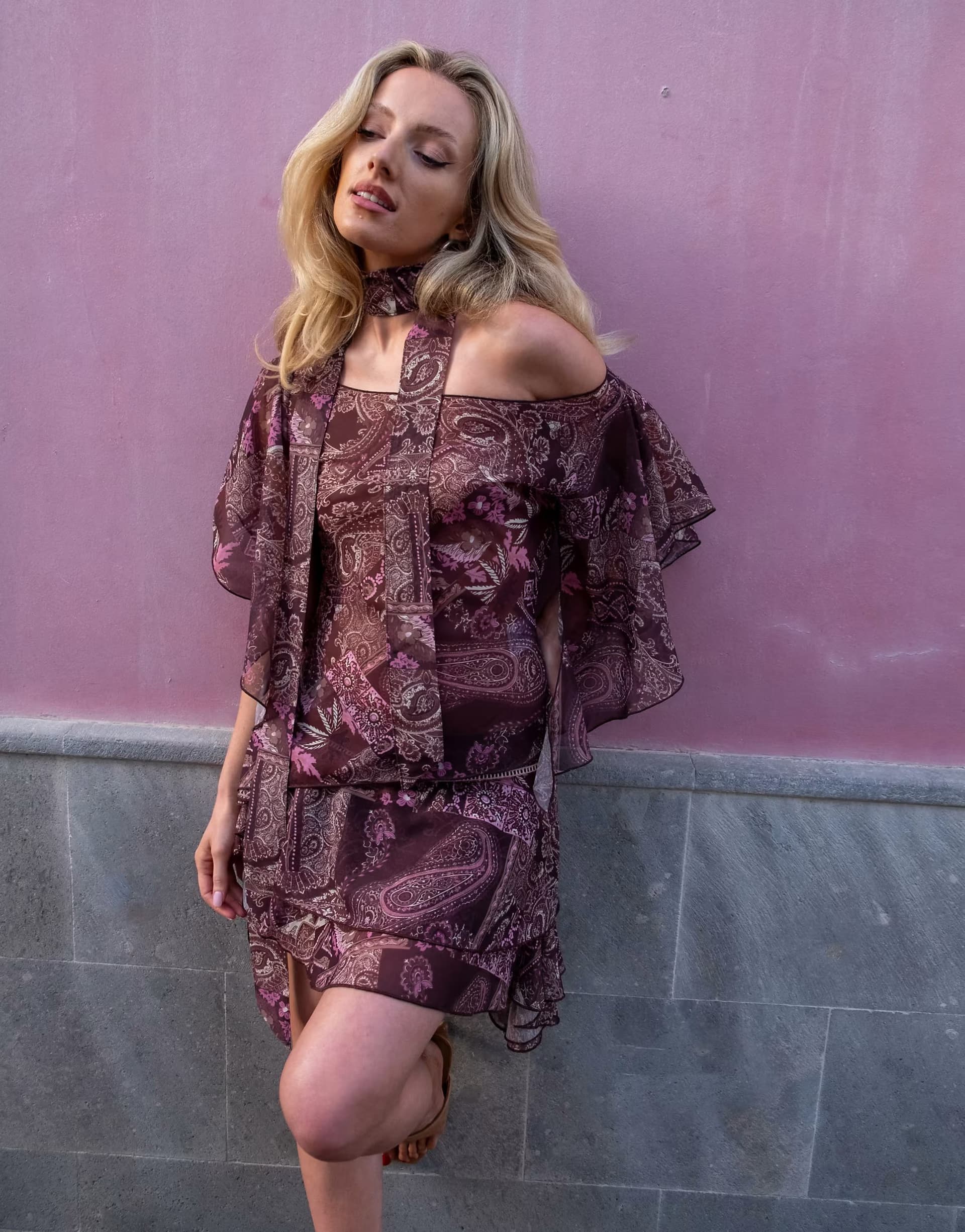ASOS Daisy Street x Emma Jean chiffon asymmetric hem top with matching scarf in brown paisley co-ord
