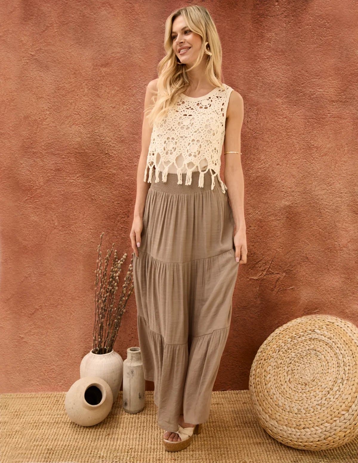 Blue Vanilla Shirring Waist Tiered Maxi Skirt