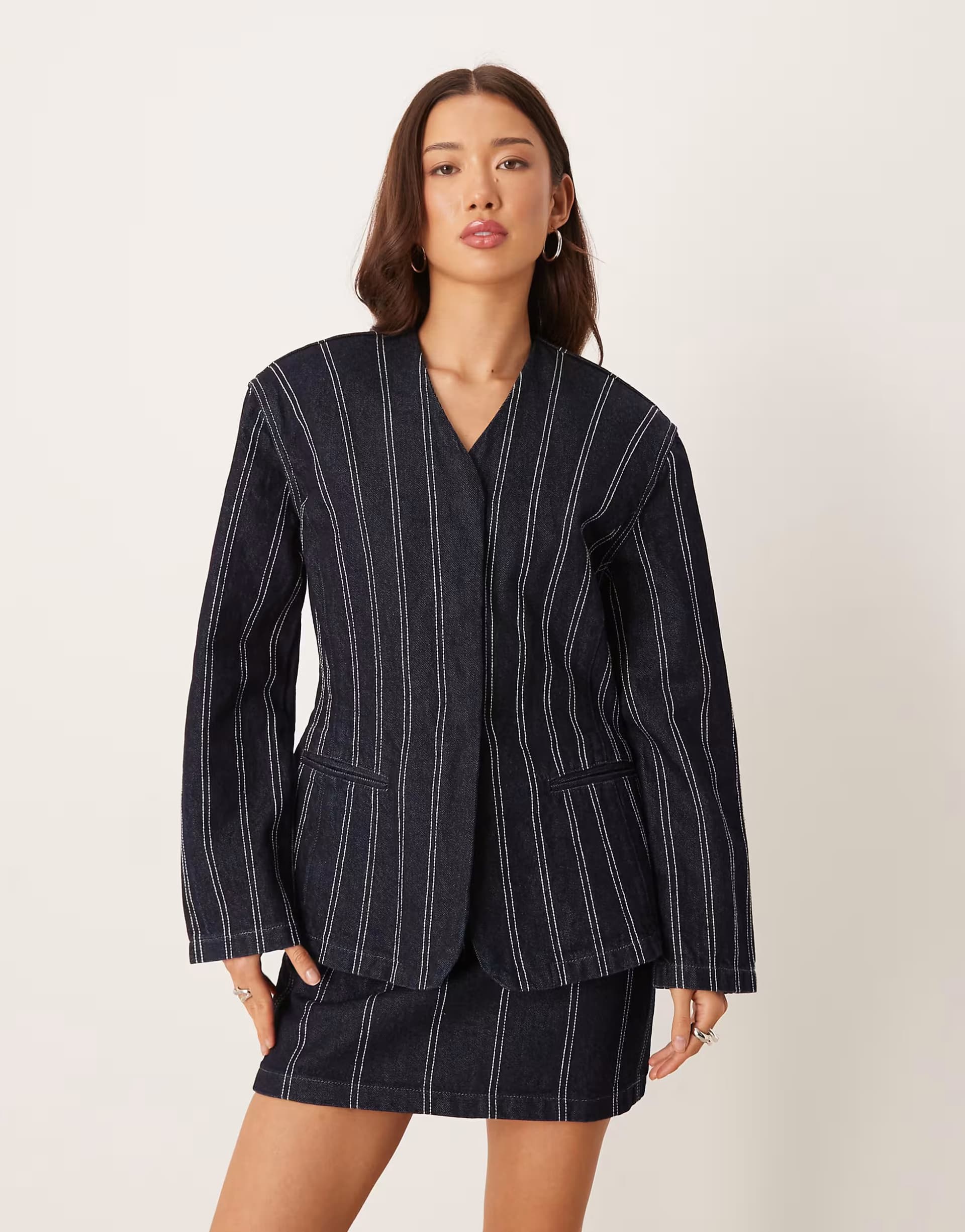 ASOS ASOS DESIGN denim structured navy pinstripe blazer co-ord with shoulder pad