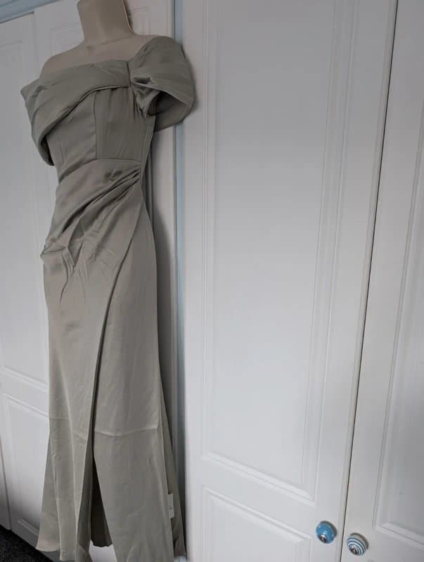 ASOS ASOS Edition satin Bardot drape wrap maxi dress in sage green size 6