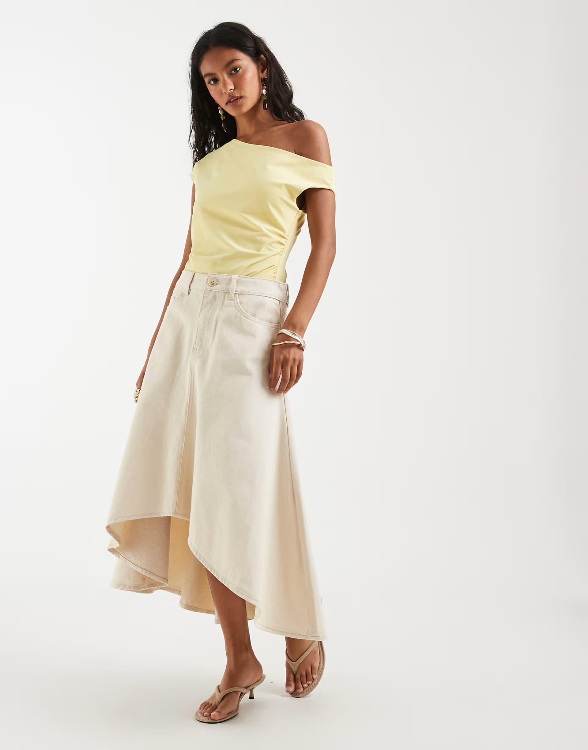 ASOS Object high low hem full denim skirt in cream