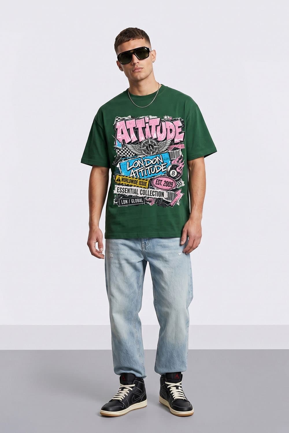 LONDON ATTITUDE LONDON ATTITUDE Men's Retro Graphic Oversized Heavyweight Streetwear T-Shirt in Green