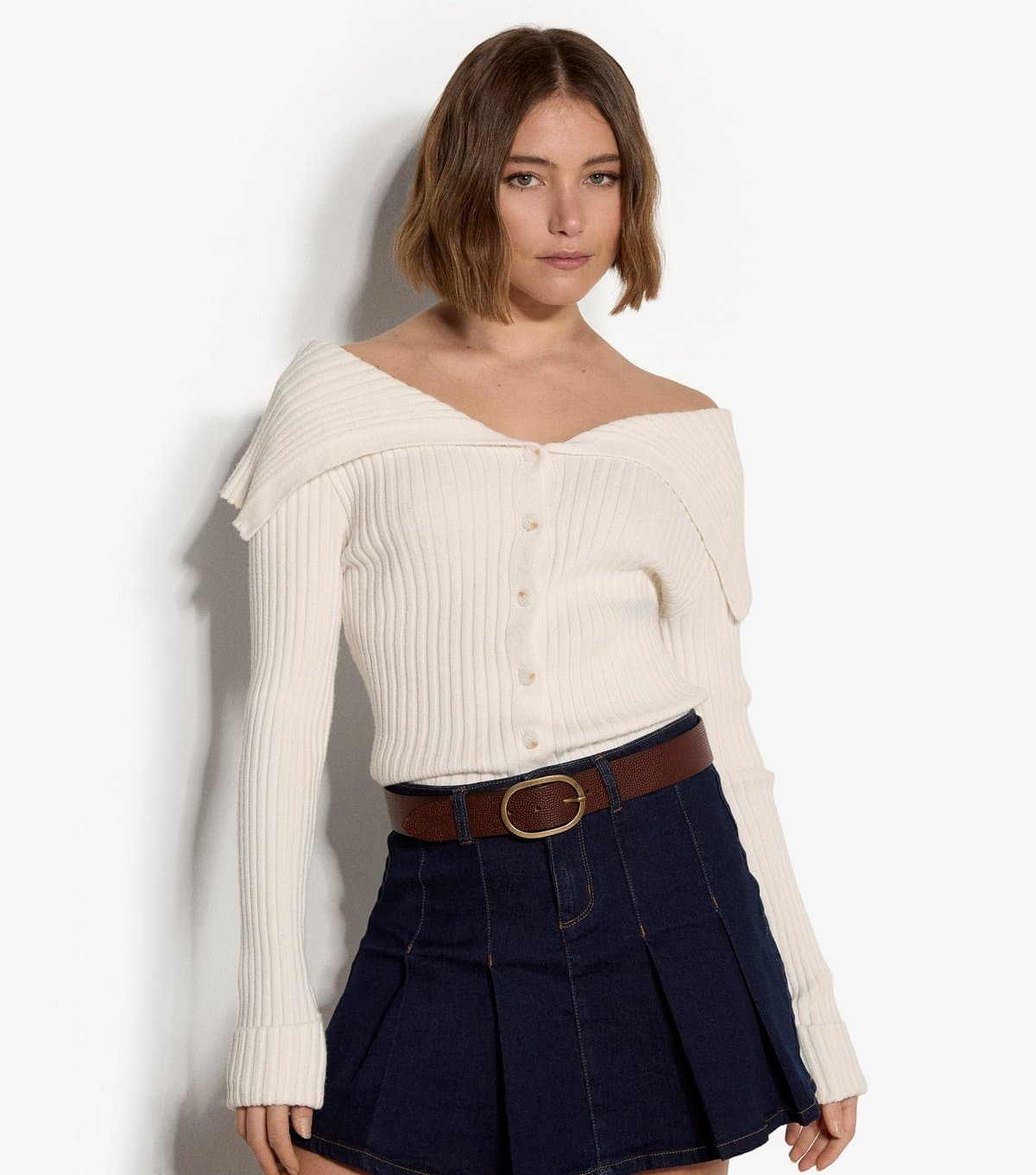 Apricot Women's Cream Ribbed Folded Collar Cardigan Apricot New Look