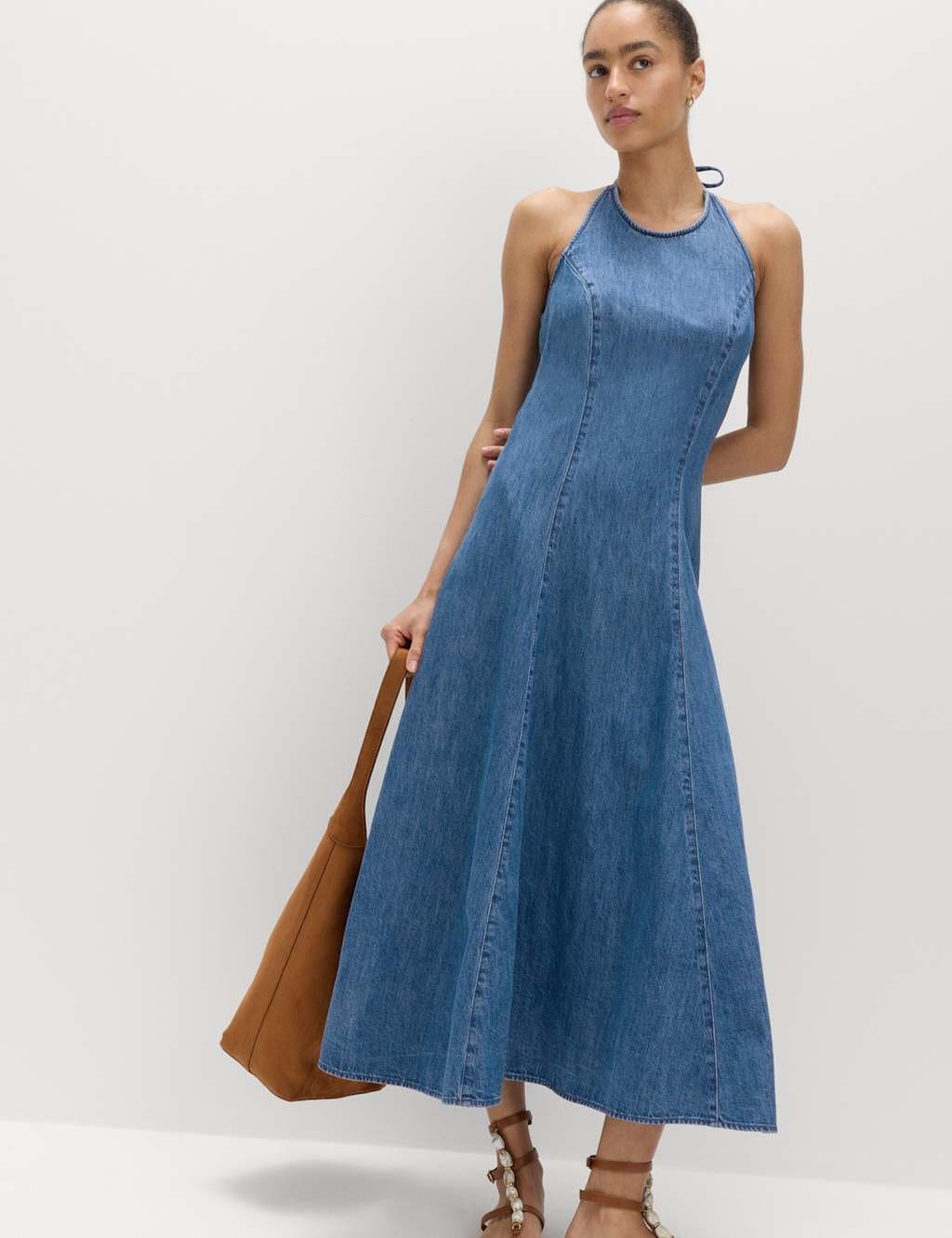 Marks & Spencer M&S Denim Halter Neck Midi Column Dress Indigo