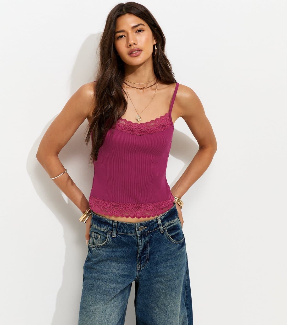 New Look Women's Light Burgundy Cotton Rich Lace Trim Cami Top New Look