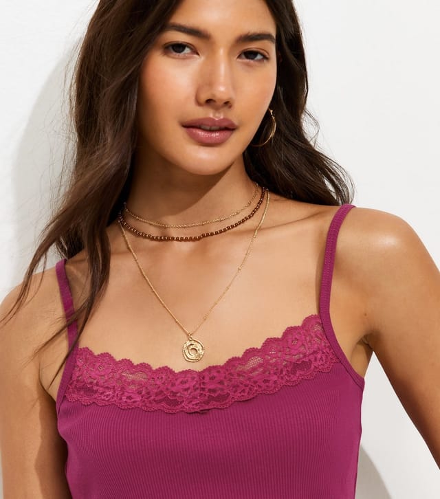 New Look Women's Light Burgundy Cotton Rich Lace Trim Cami Top New Look - 2