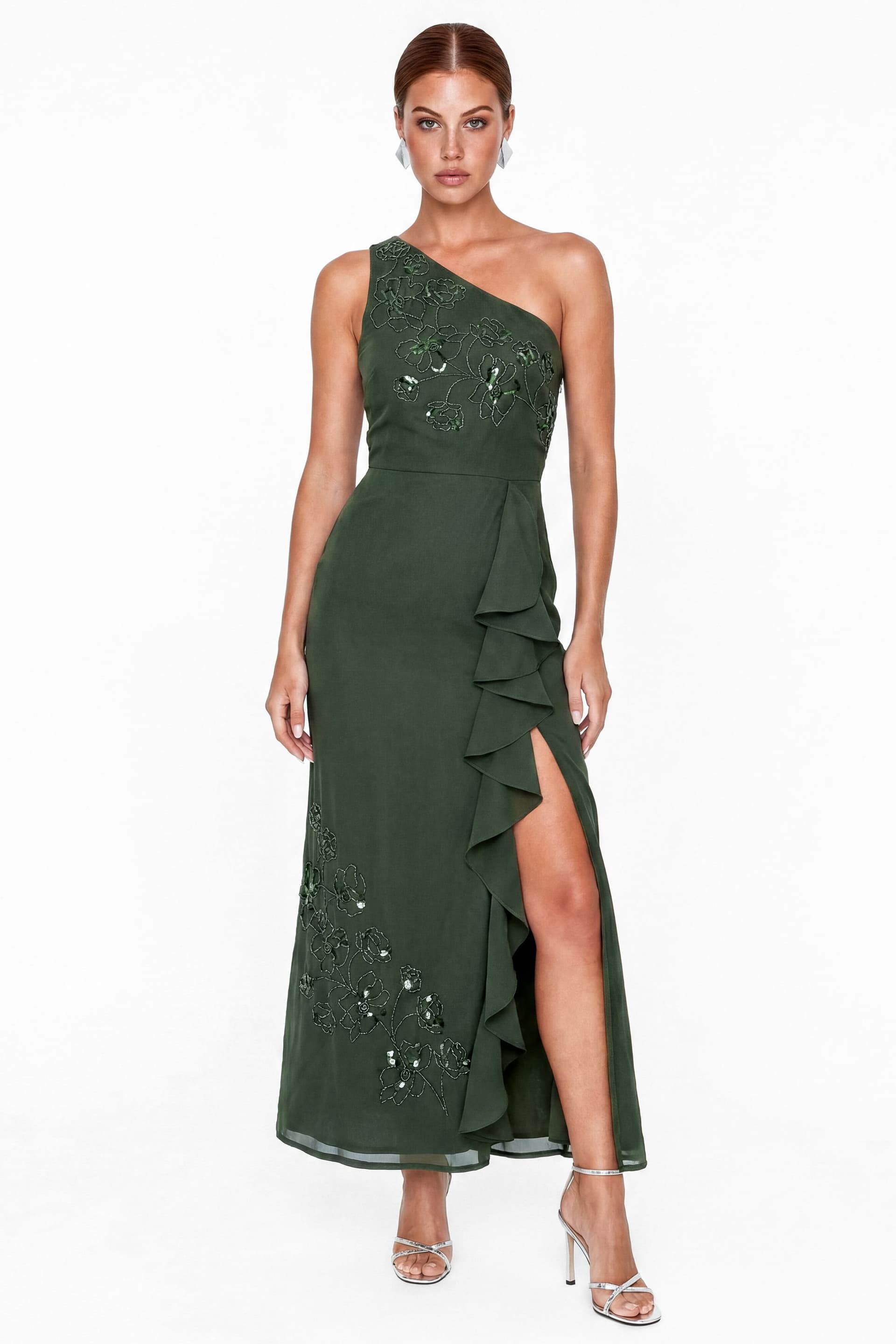Maya Deluxe Maya Deluxe Women's Embellished One Shoulder Ruffle Midaxi Dress in Green