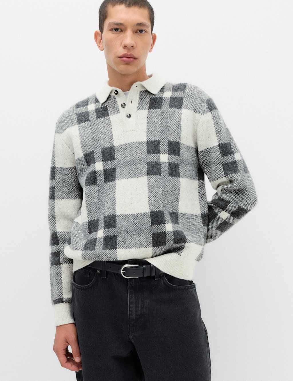 Marks & Spencer M&S Regular Fit Check Jumper with Wool Grey Mix