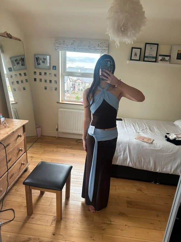 ASOS ASOS Design soft touch contrast tie neck halter co-ord Set in Chocolate Brown and Blue