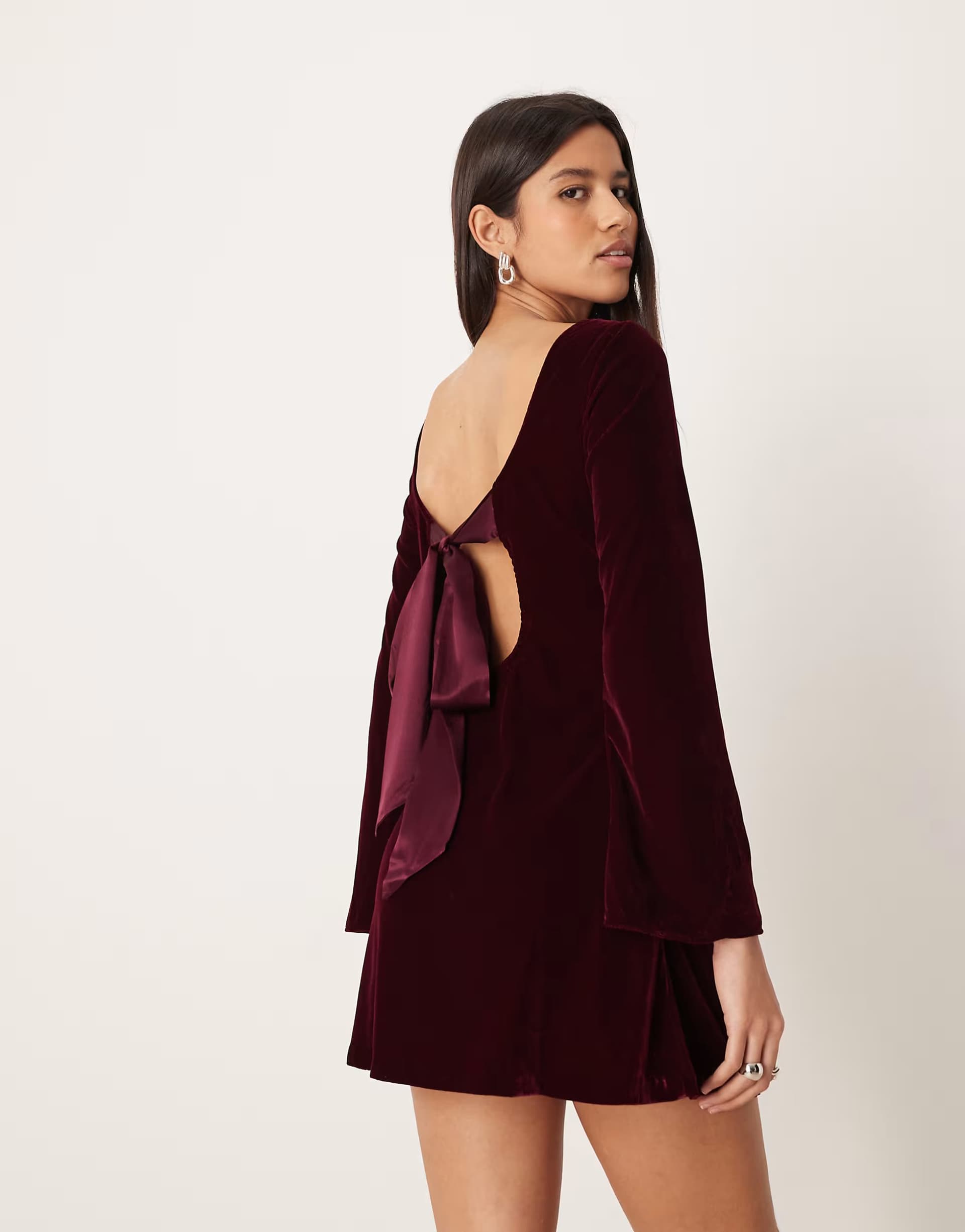 ASOS Nobody's Child Jolene velvet tie back mini dress in burgundy