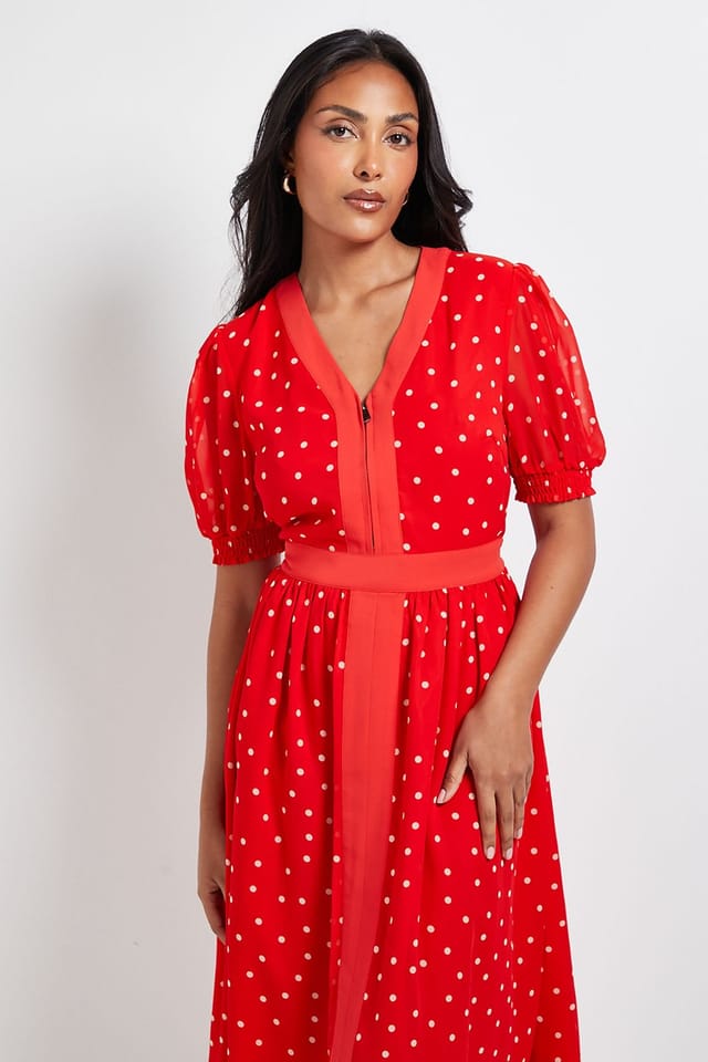 Wallis Wallis Women's Petite Polka Dot Zip Puff Sleeve Midi Dress in Red - 2