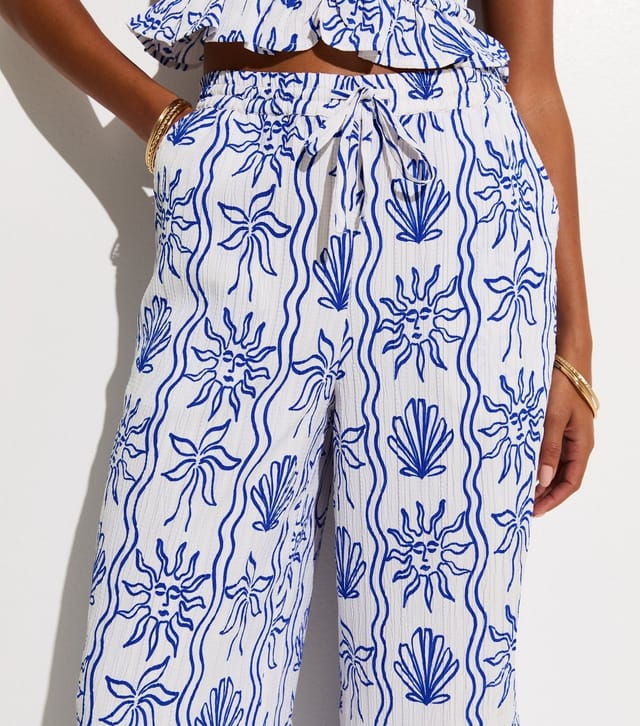 New Look Women's Blue Sun Print Wide Leg Beach Trousers New Look - 2