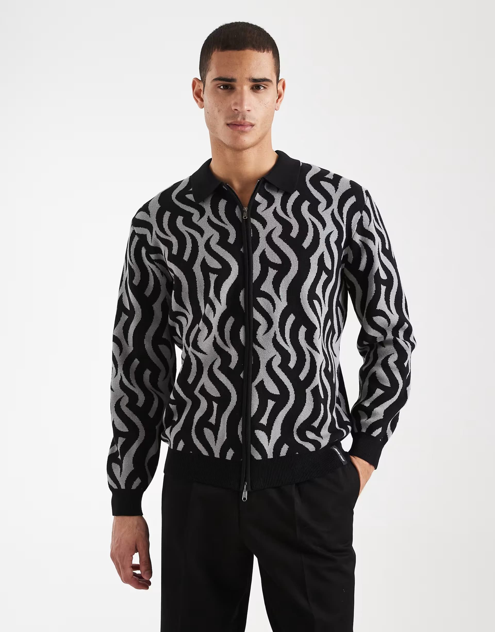 ASOS Santa Cruz harmon patterned zip up cardigan in black